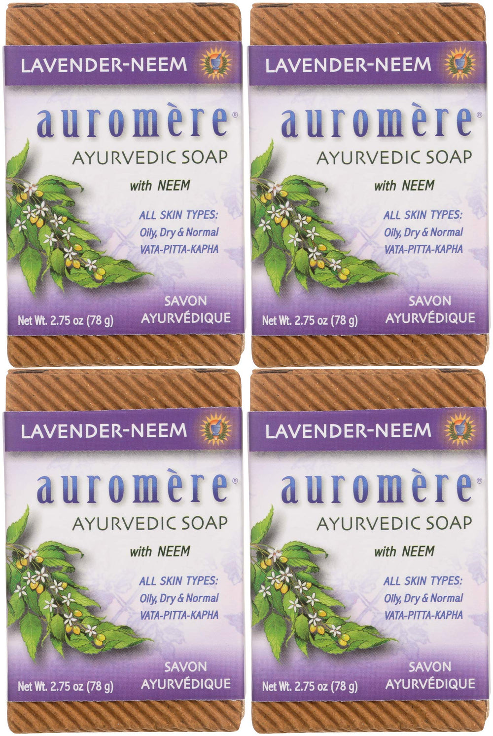 Auromere Lavender Neem bar front view shows natural ingredients and bar shape for cleansing.