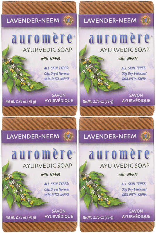 Auromere Lavender Neem bar front view shows natural ingredients and bar shape for cleansing.