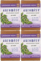 Auromere Lavender Neem bar front view shows natural ingredients and bar shape for cleansing.
