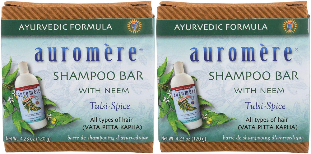 Auromere Shampoo Bar with neem leaves for natural Ayurvedic care for hair and skin.