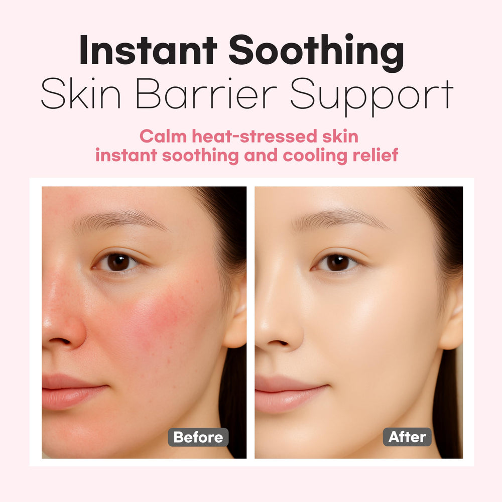Cica soothing spray demonstrating cooling relief for sensitive skin.