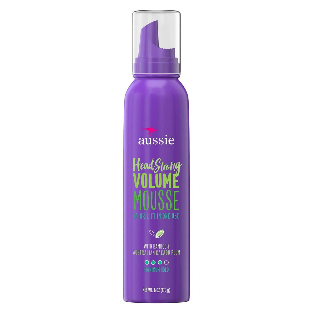Aussie Mousse Volume Head Strong 6 oz bottle for lasting hold and volume.