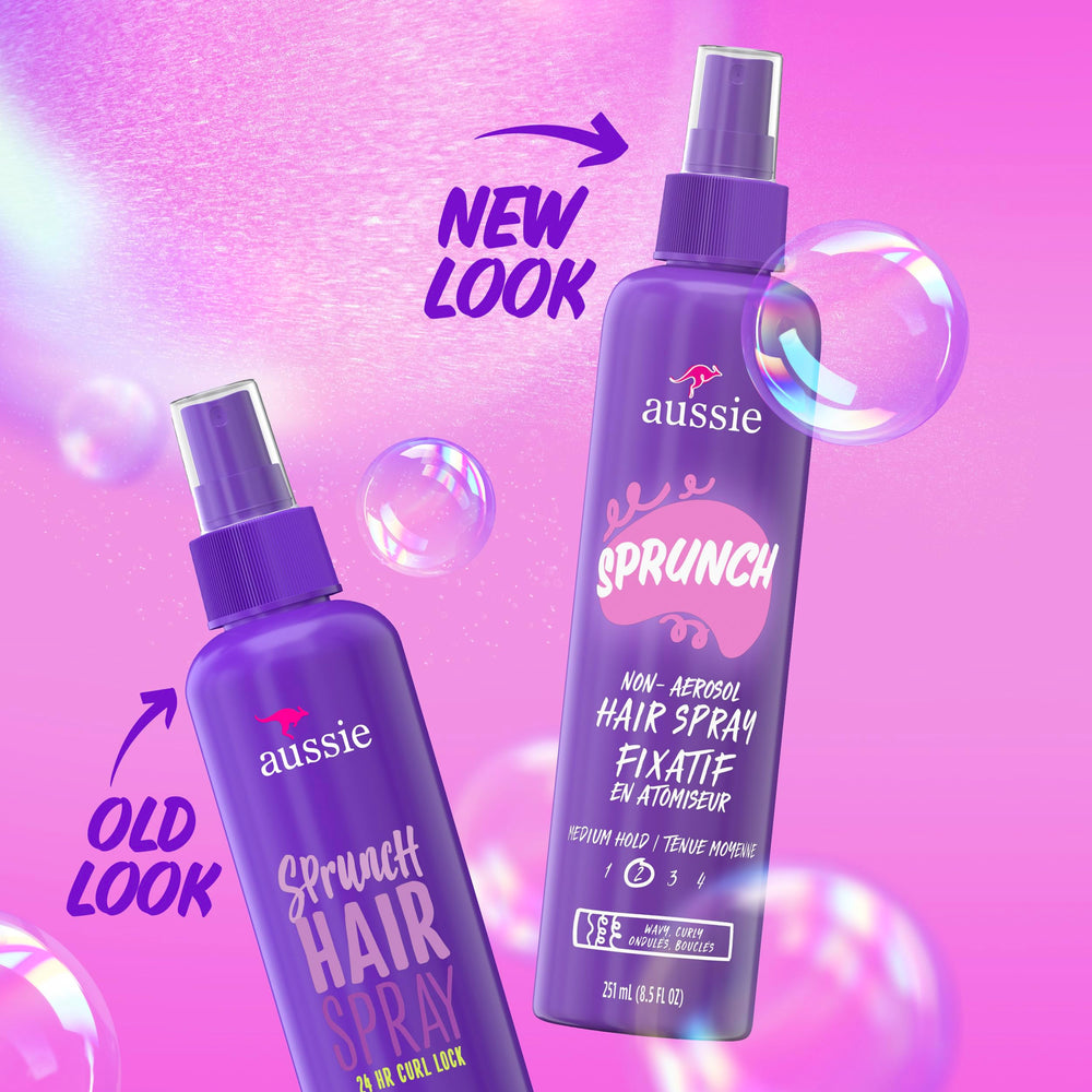 Aussie Sprunch spray-action shows quick, flexible hold for curls.