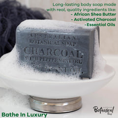 Australian Botanical African Black Soap with charcoal and peppermint close-up detail