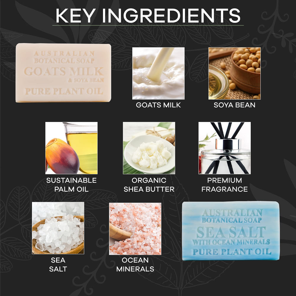 Australian Botanical goats milk ingredients close-up shows gentle cleansing options.