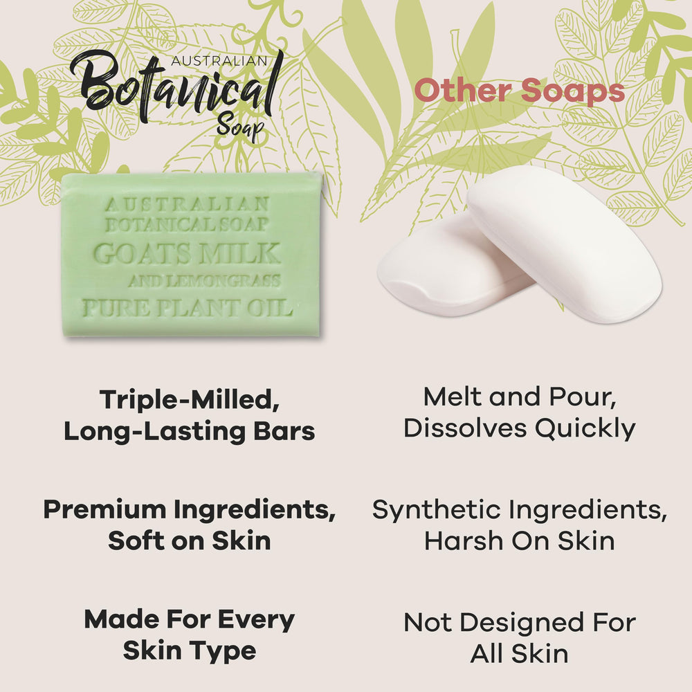 Australian Botanical Milk Soap Goat's Milk bars stacked for long-lasting daily use