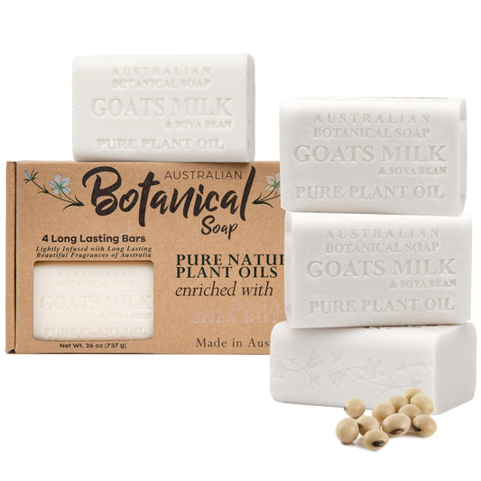 Australian Botanical Soap goat milk bars pack 4 front view; hydrated skin daily cleansing.