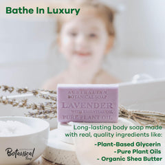 Australian Botanical Soap lavender bar closeup shows creamy lather and natural aroma.