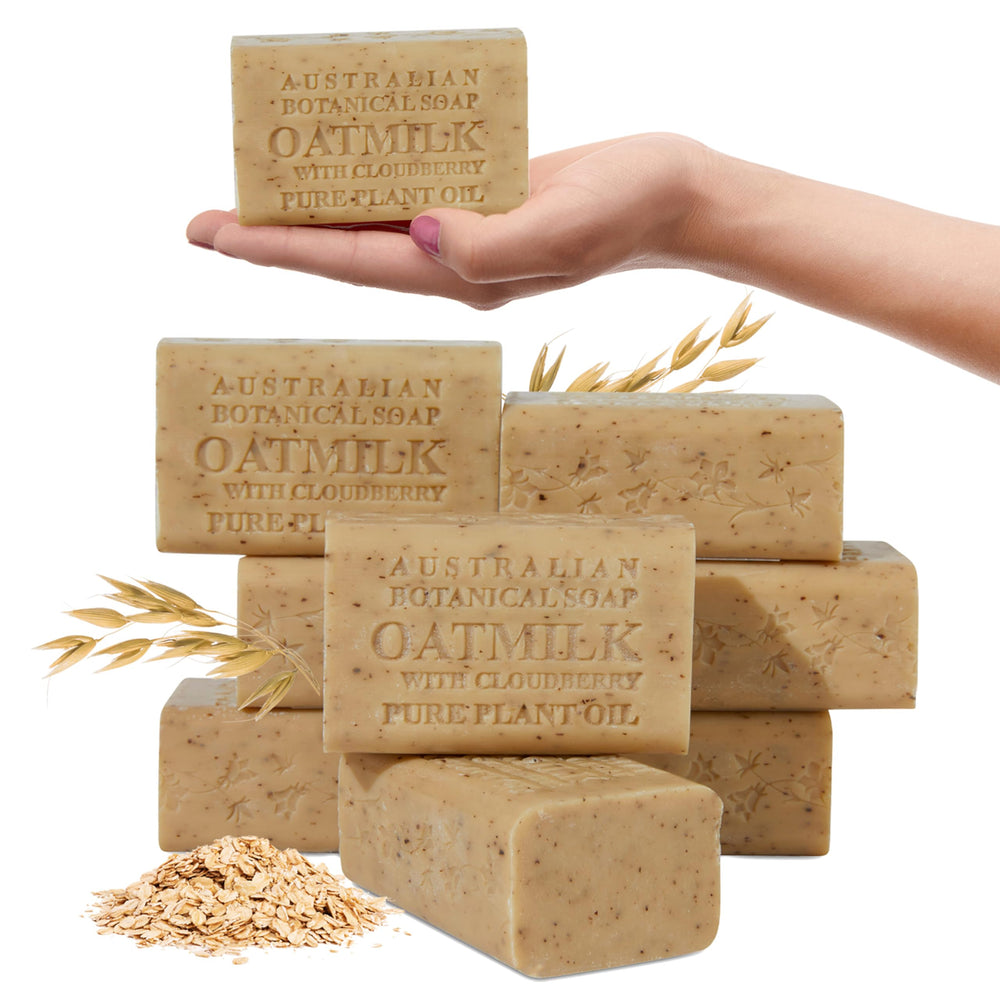 Australian Botanical Soap oat milk cloudberry bar closeup for gentle cleansing and natural nourishment.