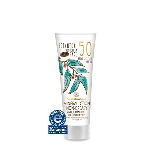 Texture close-up of Australian Gold Botanical SPF 50 tinted face lotion showing non-greasy finish.