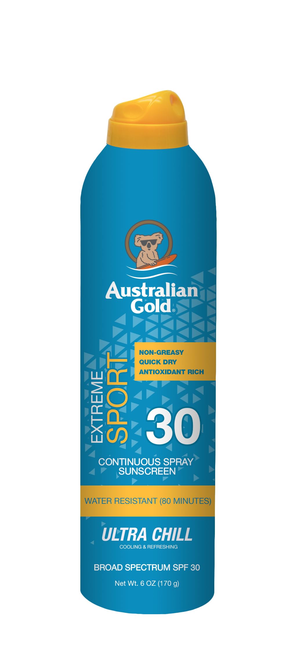 Australian Gold Extreme Continuous Spray bottle delivering SPF 30 broad-spectrum protection.