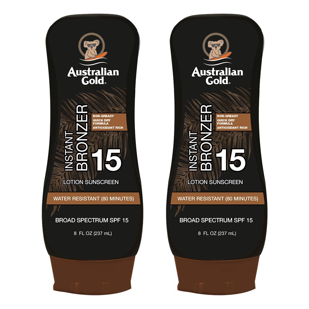 Australian Gold SPF15 lotion bronzer twin pack bottle with sun protection and bronze tint.