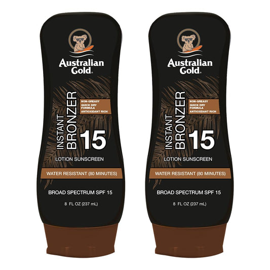 Australian Gold SPF15 lotion bronzer twin pack bottle with sun protection and bronze tint.