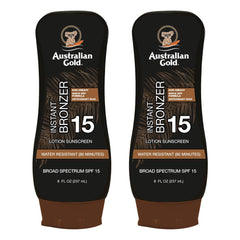Australian Gold SPF15 lotion bronzer twin pack bottle with sun protection and bronze tint.