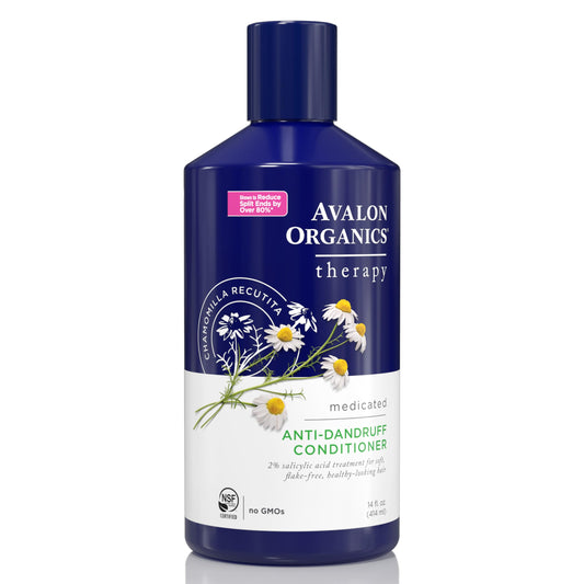 Avalon Organics medicated anti-dandruff conditioner bottle highlights refreshing, flake-free hair benefits.