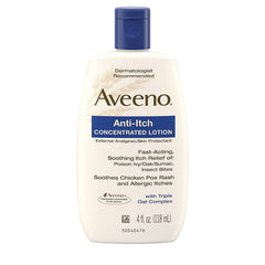 Aveeno Anti-Itch Concentrated Lotion bottle, compact and travel-friendly for on-the-go relief.