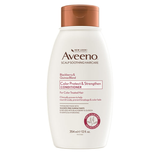 Aveeno Blackberry & Quinoa conditioner bottle highlighting color protection
