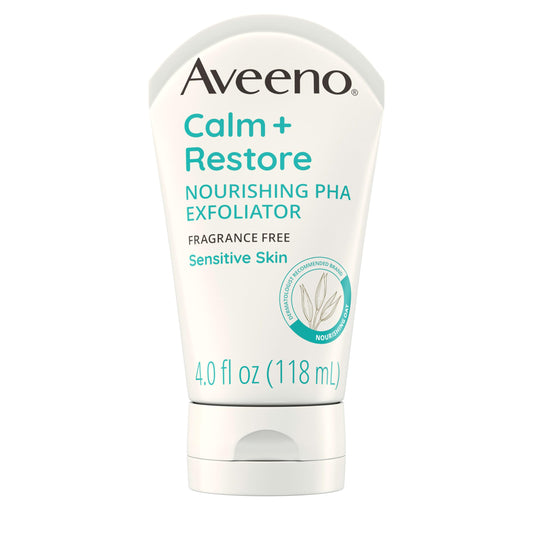 Aveeno Calm + Restore exfoliator bottle for gentle daily cleansing.