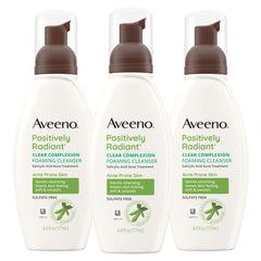 Aveeno Clear Complexion Foaming Cleanser bottle, gentle daily cleanse hints at prevention of breakouts.