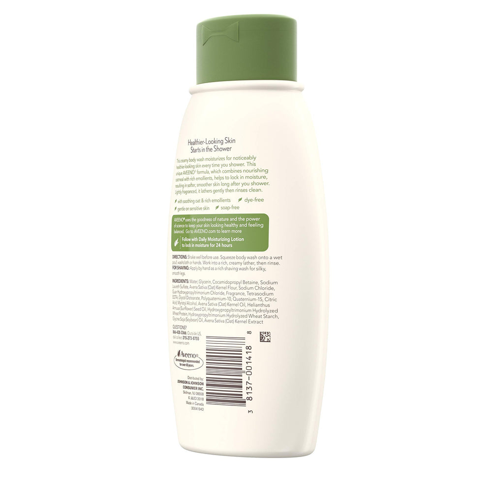 Aveeno ingredient panel emphasizes oatmeal-based moisturization.