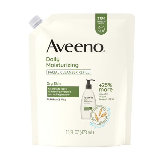 Aveeno Daily Moisturizing Facial Cleanser refill pouch showing eco-friendly packaging for daily use.