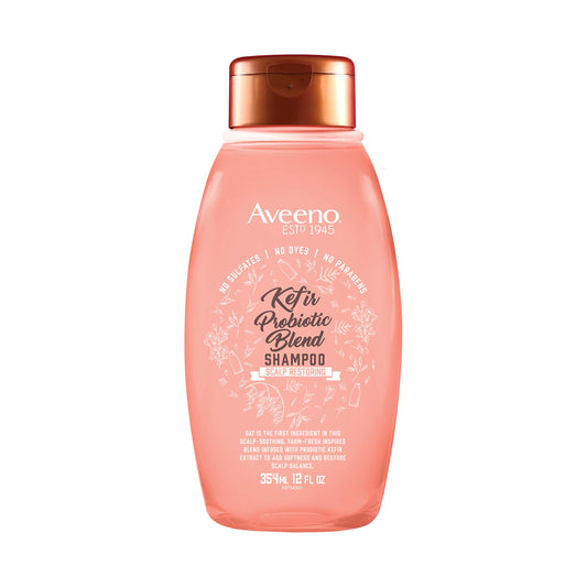 Aveeno Kefir Probiotic Blend Shampoo bottle for balanced scalp and moisturized hair.