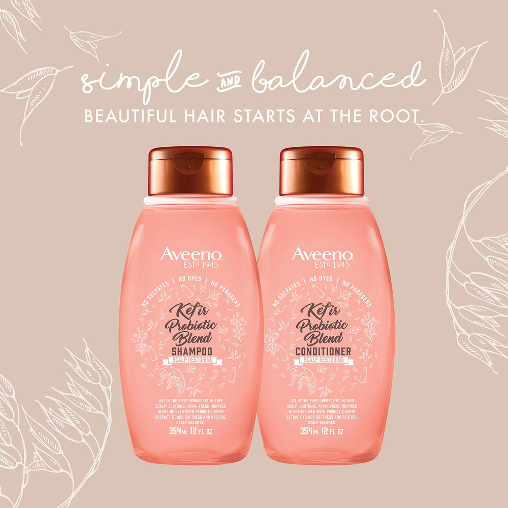 Aveeno Kefir Probiotic Blend Shampoo scalp balance close-up for healthy environment.
