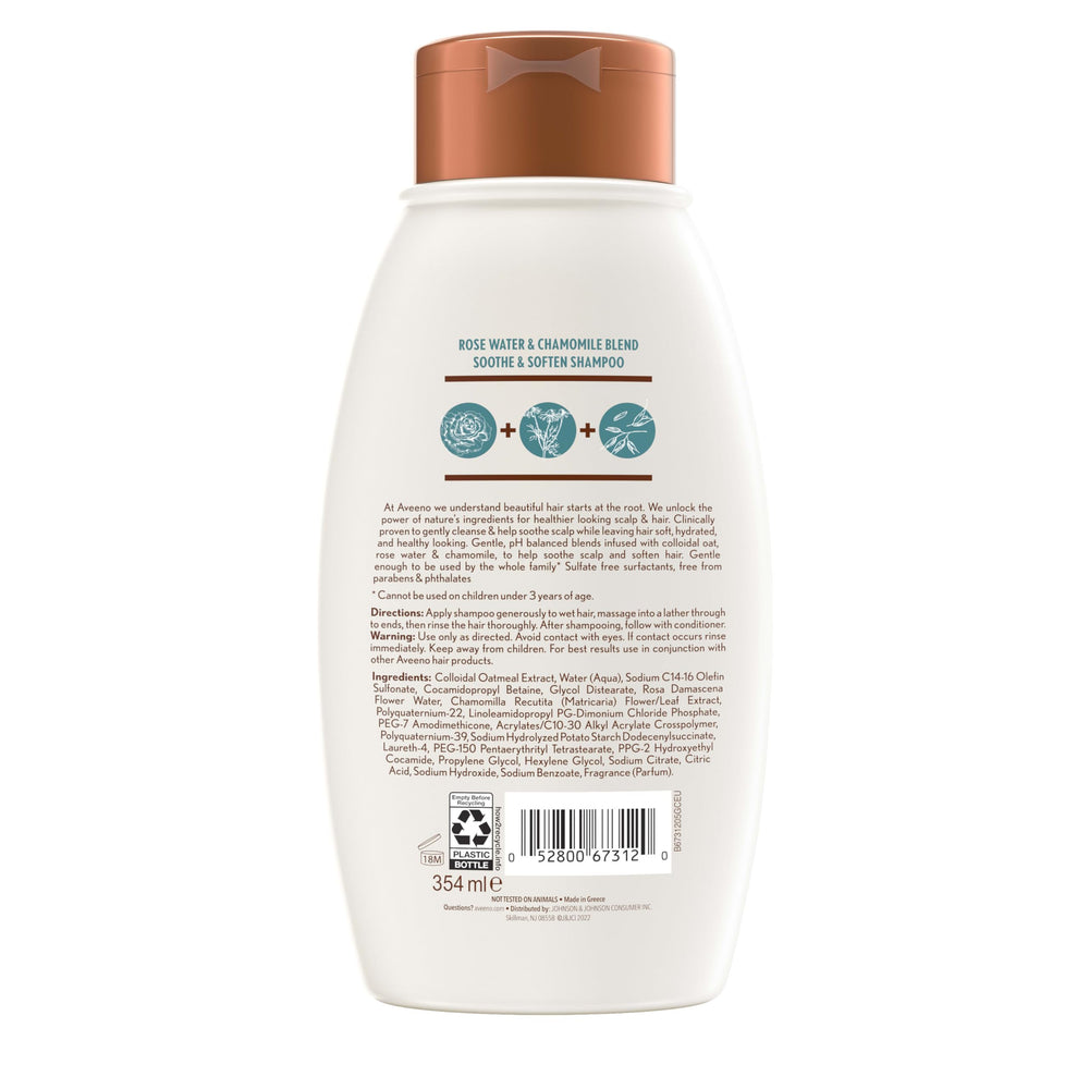 Packaging may vary note for Aveeno Rose Water & Chamomile Shampoo.