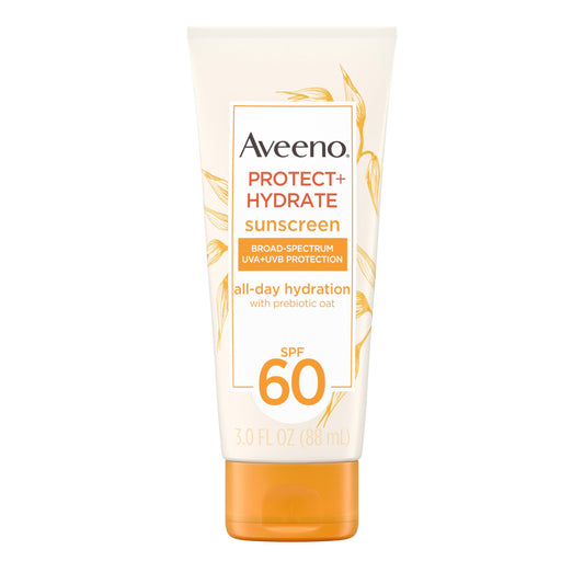 Aveeno Protect + Hydrate SPF 60 bottle showing lightweight protection for daily wear