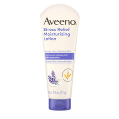 Aveeno Stress Relief Lotion bottle front with lavender scent for relaxing daily use