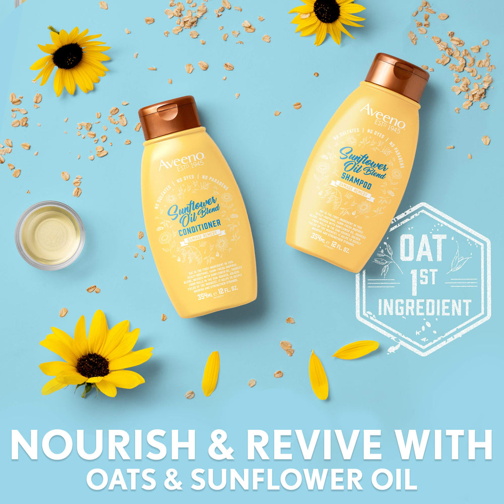 Aveeno Deep Moisturizing Sunflower Oil Blend Shampoo on hair strands nourishes roots