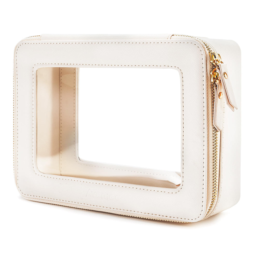Aveniee Clear Makeup Bag Organizer front view showing sturdy structure for cosmetics.
