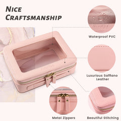Aveniee travel toiletry bag pink shows organized interior for on-the-go cosmetics.