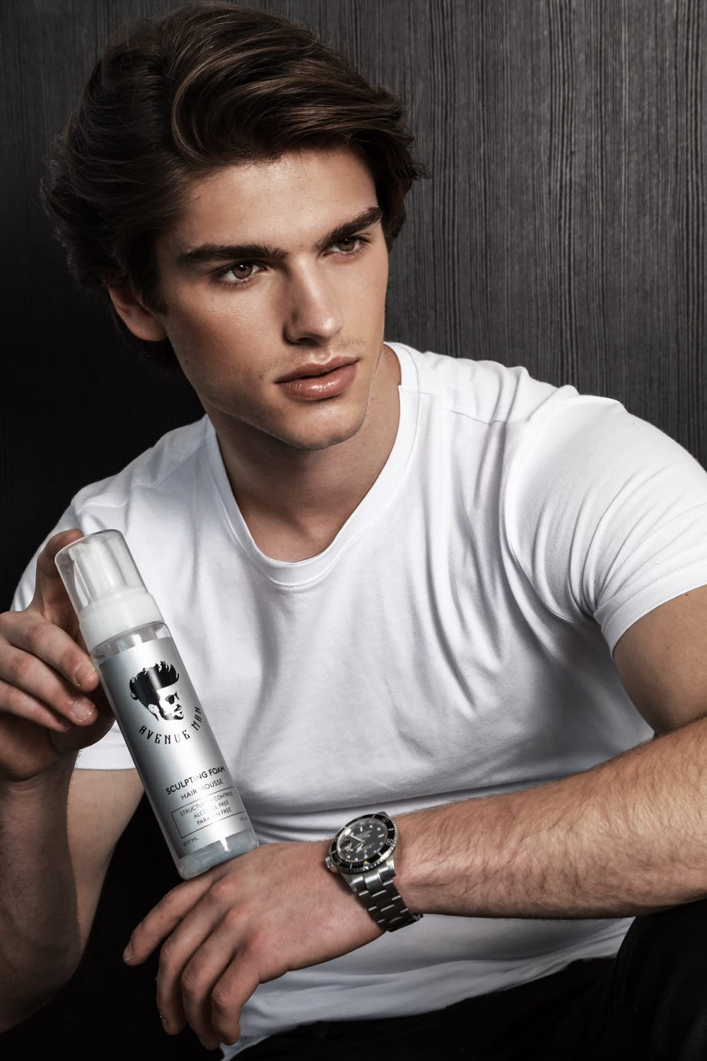 Styled hair with Avenue Man Sculpting Foam enhances natural shine.