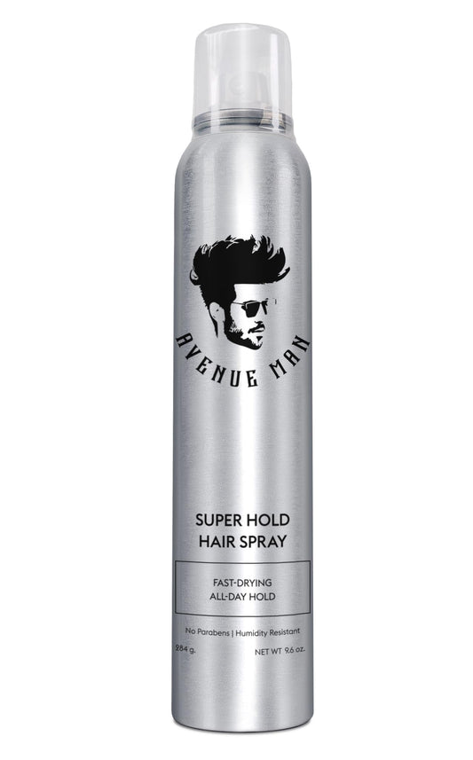 Avenue Man Super Hold Hairspray bottle viewed front for all-day hold.
