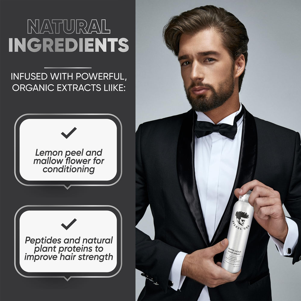 Avenue Man Super Hold Hairspray quick-dry mist delivering lightweight, residue-free finish.