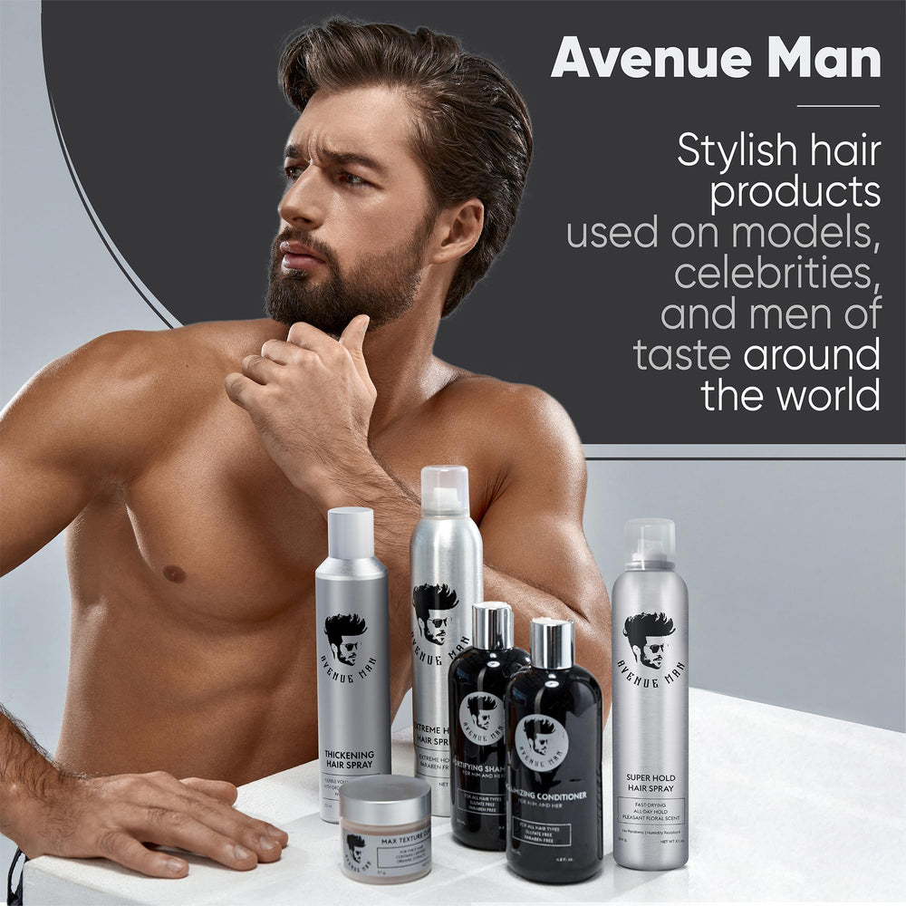 Avenue Man Super Hold Hairspray spray action illustrating fast-drying application.