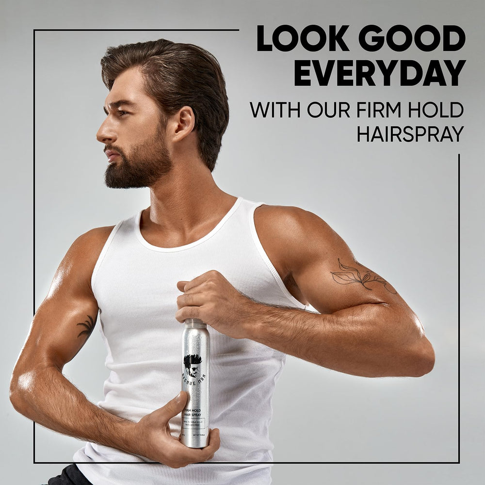 Avenue Man Texture Spray in a bathroom setting with wind-blown hair.