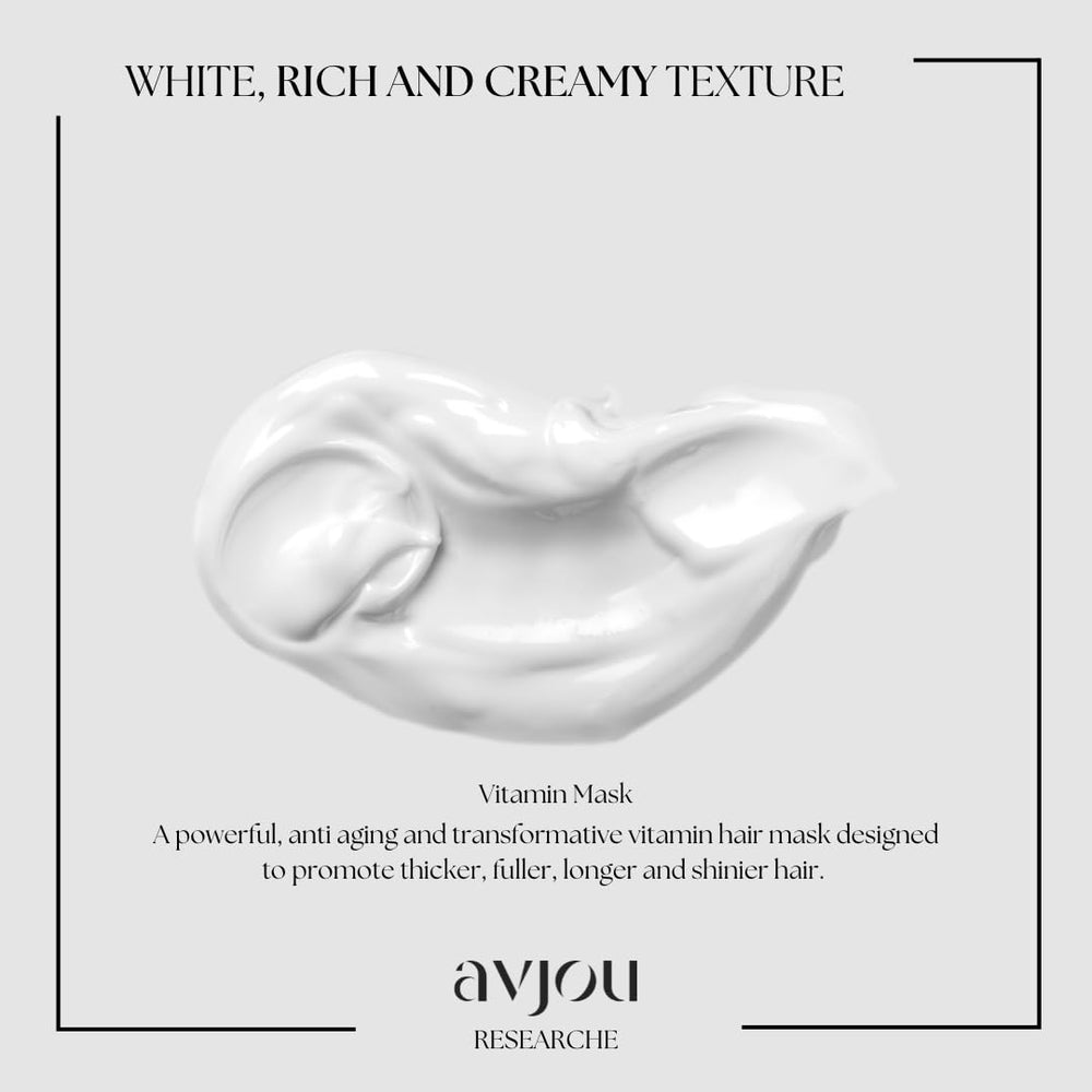 Avjou Researche Vitamin Mask damp hair application for balanced moisture.
