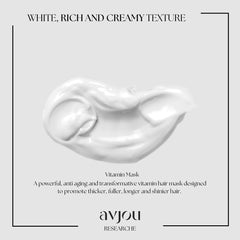 Avjou Researche Vitamin Mask damp hair application for balanced moisture.