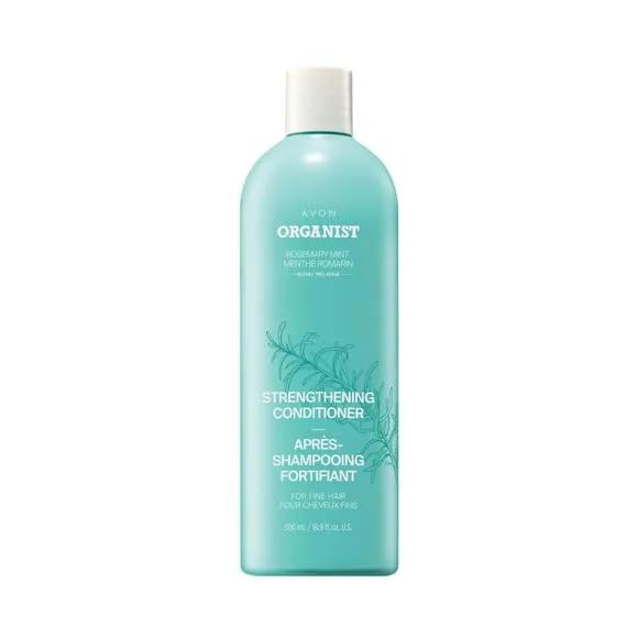 AVON Organist Rosemary Mint Strengthening Conditioner bottle shows fuller-looking hair with regular use.
