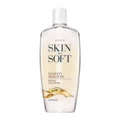 AVON Skin So Soft Radiant Moisture Bath Oil bottle with hydrating glow.