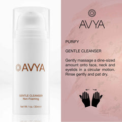 Avya Gentle Cleanser bottle shown for travel-friendly, gentle cleansing