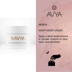 Avya Night Moisturizer jar illustrates overnight hydration and renewed radiance