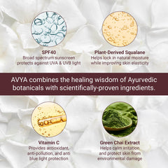 AVYA SPF 40 close-up shows smooth application and radiant finish.