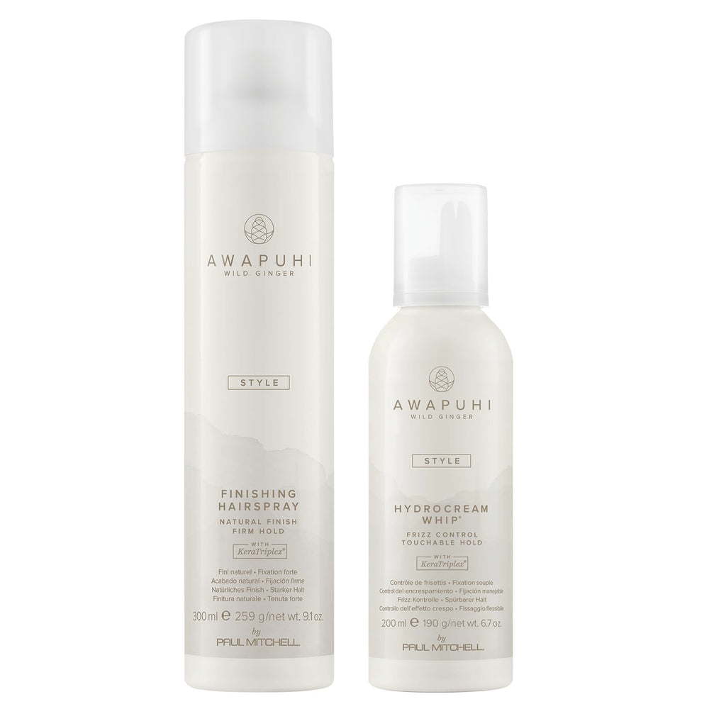Awapuhi Wild Ginger HydroCream Whip bottle for long-lasting hold and silky finish.