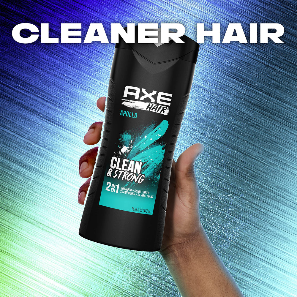 AXE Apollo 2-in-1 label close-up highlighting scent and dual-action formula.