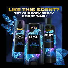 AXE Blue Lavender aluminum-free claim appeals to skin-friendly daily use.