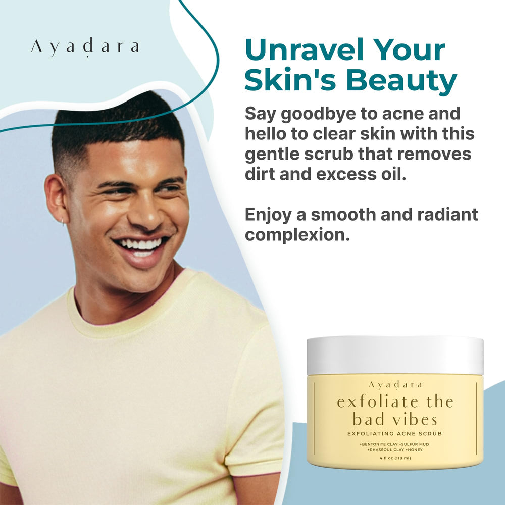 AYADARA Exfoliating Acne Scrub application on skin for a refreshed, clarified look.
