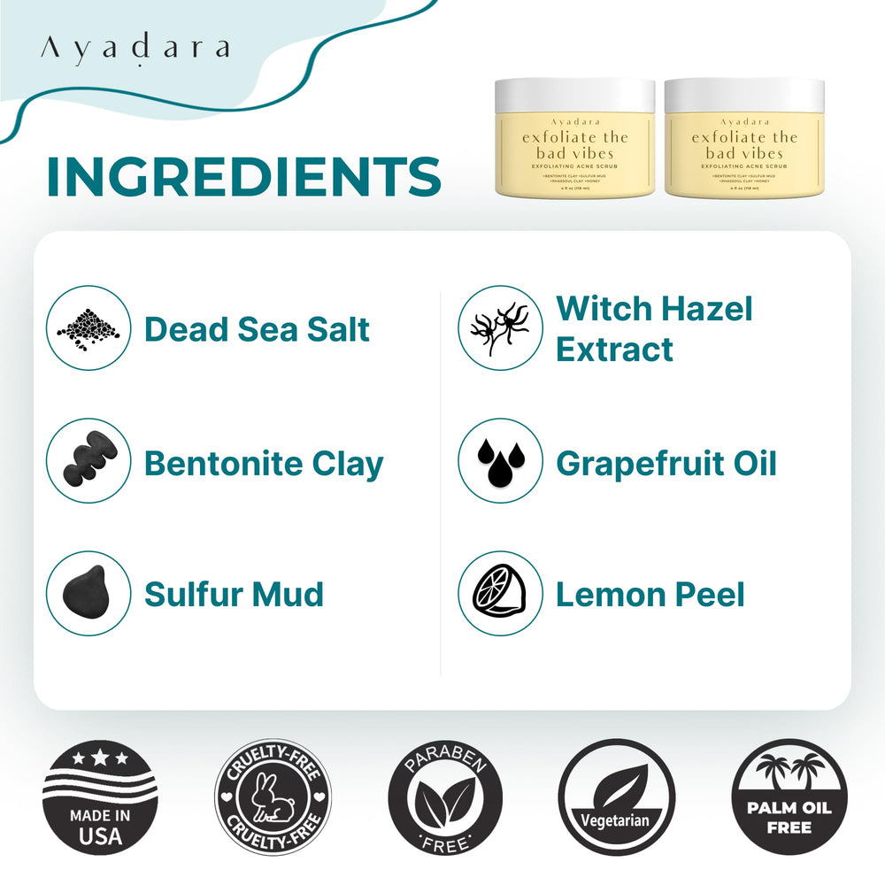 AYADARA Exfoliating Acne Scrub featuring grapefruit oil for balanced, refreshed skin.